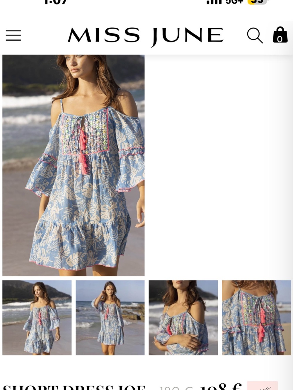 Miss June Blue Floral Off-Shoulder Mini Dress with Pink Tassels
